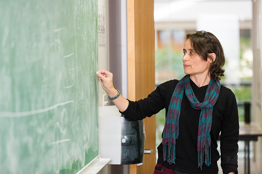 Lily Khadjavi teaching math and writing on chalkboard.